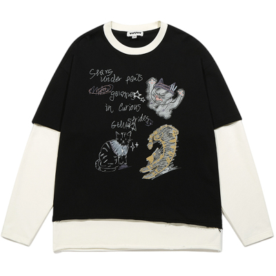 GUUKA暴躁猫咪假两件T恤