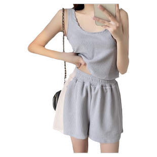 港风运动套装女2026夏季新款休闲百搭显瘦吊带背心阔腿短裤两件套