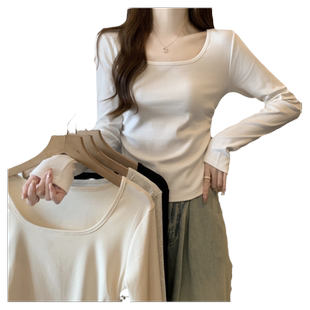 方领正肩长袖T恤女早春秋冬收腰抽褶修身短款内搭上衣德绒打底衫