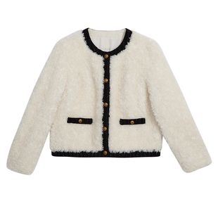 YINER音儿专选女装冬季时尚法式短款撞色拼接环保羊毛皮草外套