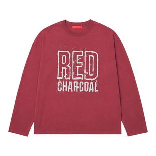 REDCHARCOAL红炭红色重磅纯棉手绘印花长袖T恤男秋季美式情侣上衣