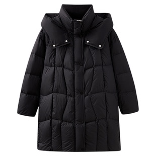 水云间黑色立领羽绒服厚女鹅绒连帽外套防风保暖中长款2025冬新款