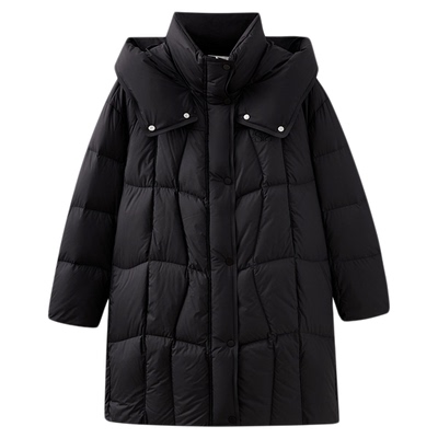 水云间黑色立领羽绒服厚女鹅绒连帽外套防风保暖中长款2025冬新款