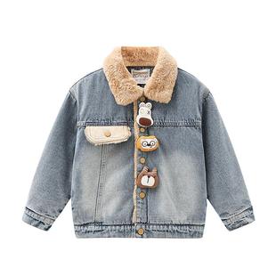MOMOCO/玛米玛卡男童加绒牛仔外套2025冬季新款中大童卡通保暖潮