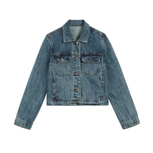 pusumede 蓝色复古牛仔外套女春秋韩版休闲百搭长袖短款夹克上衣