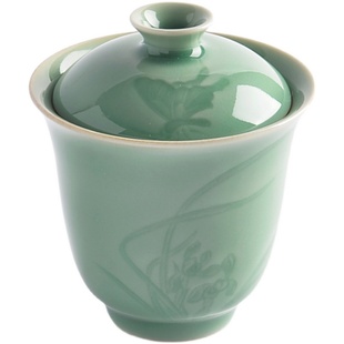 土人斋龙泉青瓷茶具梅子青两才岩茶米黄迷你闻香小盖碗杯功夫茶道