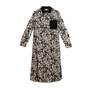 LAIDEE/罗兰伊杜衬衫连衣裙撞色不规则印花文艺连衣裙气质蓬松裙