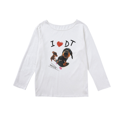 晶咕白标DADATATA【狗狗日记】休闲宽松胖mm落肩小狗印花长袖T恤