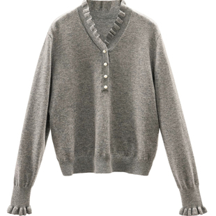 2026春款V领羊毛衫女珍珠扣100纯羊毛木耳边上衣女针织打底衫