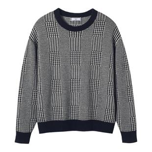 三所vintage Glen check威尔士亲王格纹黑白螺纹收口圆领套头衫