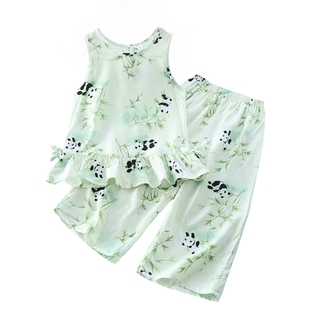 洋气童装夏季女童家居服套装儿童棉绸熊猫背心阔腿裤时髦两件套潮