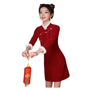 红色旗袍敬酒服新娘冬季订婚礼服新中式小个子拜年服过年新年战袍