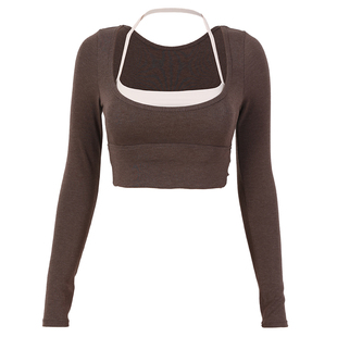 movingtime新年红色瑜伽服女带胸垫上衣假两件普拉提运动健身长袖