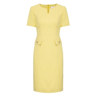 专柜正品马天奴女装夏季黄色小V领收腰连衣裙短袖气质直筒裙