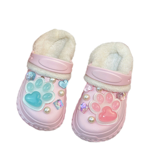 女童加绒棉拖鞋女款高颜值儿童中大童洞洞鞋防滑外穿2025新款超火