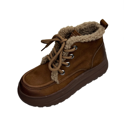 复古真皮毛绒马丁靴女冬季加绒保暖雪地靴厚底系带短靴二棉靴子