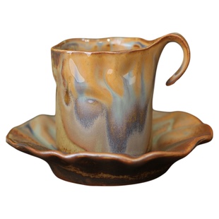 景德镇柴烧咖啡杯 陶瓷女士男士带碟下午茶家用水杯马克杯拿铁