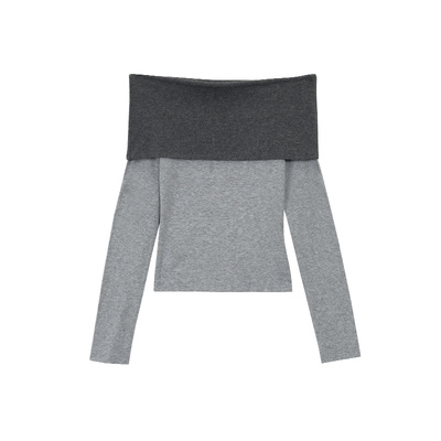 pusumede一字肩长袖T恤露肩上衣