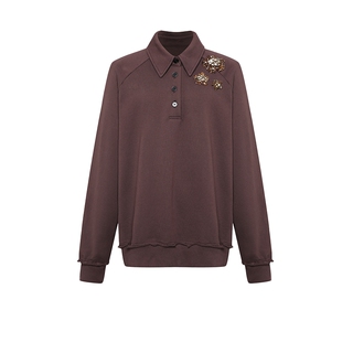 Maison Wester夏季波嬉风户外休闲巧克力色翻领休闲刺绣卫衣上衣