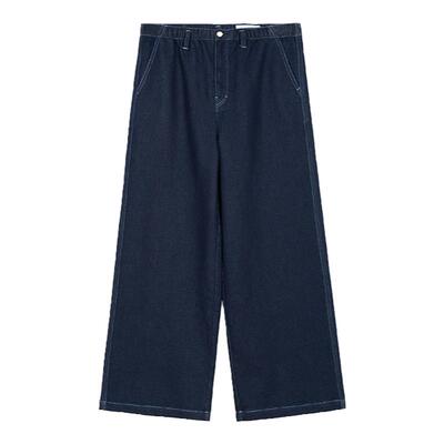 环保棉靛蓝染斜纹梨形阔腿裤