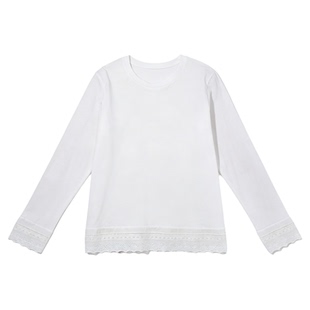 Basic House/百家好白色蕾丝拼接长袖T恤女2026春季新款纯棉上衣