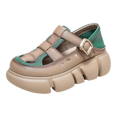 四月倾城拼色镂空厚底真皮凉鞋