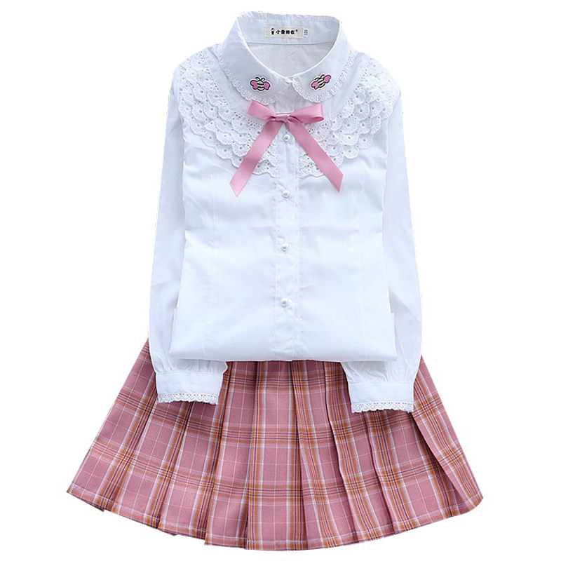 女童纯棉长袖白衬衫小学生表演服