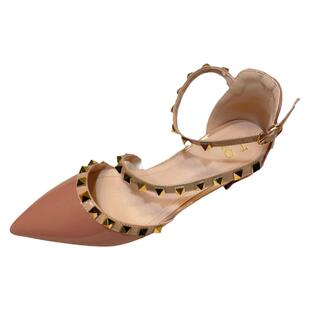 2026年新款春夏季低跟铆钉单鞋女凉鞋仙女尖头粗跟裸粉色女鞋大码