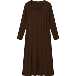 DM100大码百分百女装微胖mm冬季仿羊绒V领飘带正肩修身打底连衣裙