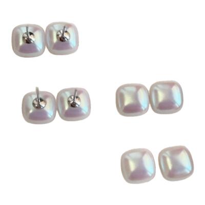 方形人造贝珠纯银白透粉强光耳钉