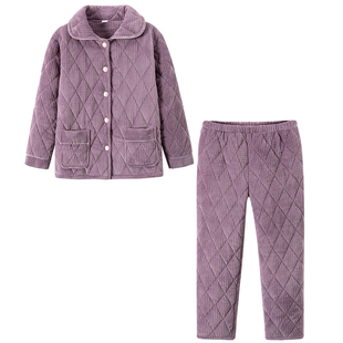 冬季2025新款加绒加厚女家居服三层夹棉珊瑚绒女款妈妈睡衣居家服