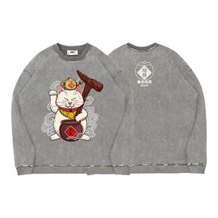 TEE7-龙珠加林仙人圆领卫衣招财猫仙豆水洗做旧复古重磅纯棉宽松