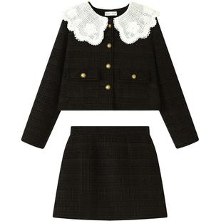 慕兔法式小香风套装女2026春冬新款娃娃领厚外套上衣半身裙两件套