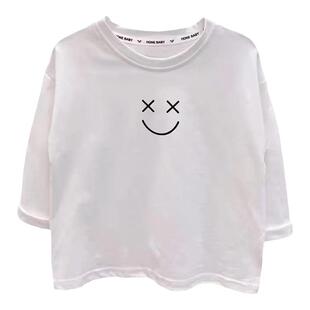 100%纯棉儿童装长袖T恤春款笑脸圆领男童女童白色上衣宝宝打底衫