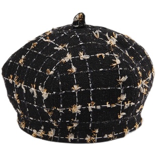 女童贝雷帽春秋季粗纺呢小香风黑金格时尚小孩大儿女宝宝亲子帽子