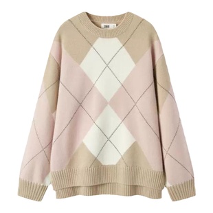 森柔毛衫|商场同款森马毛衣女菱形格撞色2024冬新款落肩宽松毛衫