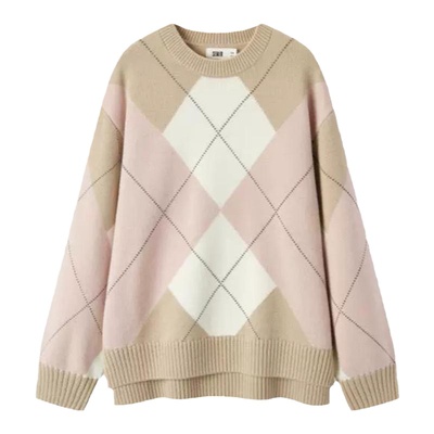 菱形格毛衫宽松秋冬撞色毛衣女