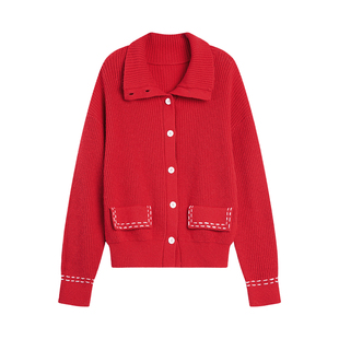 ELLE圣诞新年红色针织开衫女2025冬新款绵羊毛宽松慵懒翻领毛衣