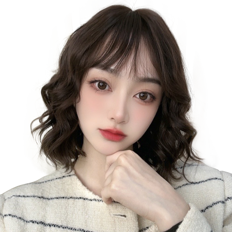 美禾 假发女短卷发真发法式刘海慵懒蛋卷烫 逼真双递针波波卷发套