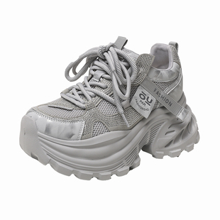 网面超火新款厚底带钻老爹鞋女款内增高2026春季爆款灰色休闲单鞋