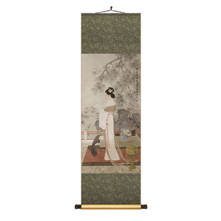 新中式丝绸卷轴挂画仕女读书办公室书房装饰画客厅玄关背景墙壁画