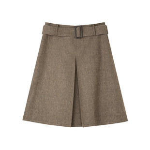 【秋冬新品9折】棕色正反两穿百褶裙女羊毛中裙毛呢半身裙秋季