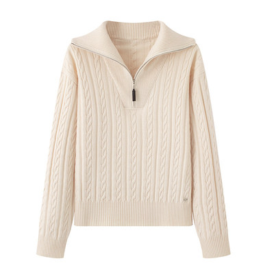 艾诺丝国内代购2026春季新款宽松显瘦拉链大翻领麻花针织衫女3241