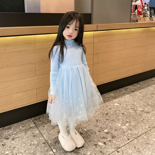 Синее платье, трикотажный свитер, в западном стиле, детская одежда