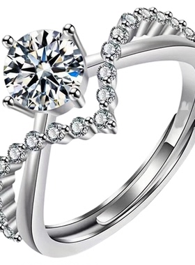 六爪加冕交叉莫桑石戒指925纯银女经典V形扭臂皇冠钻戒求婚结婚戒
