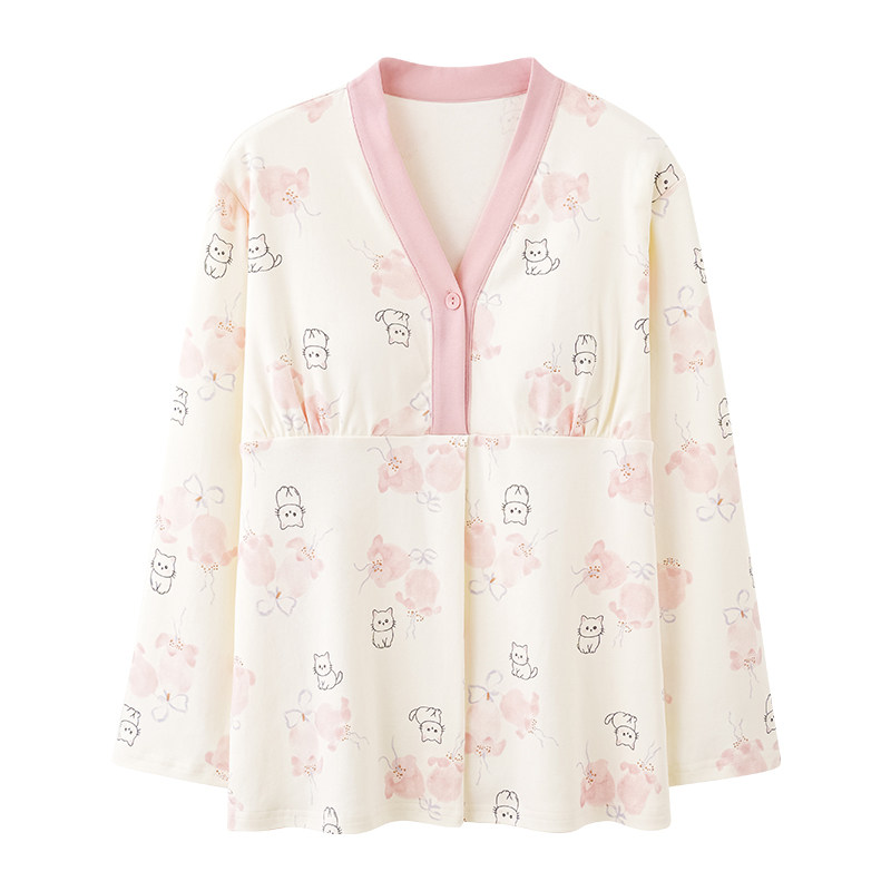 莫代尔女士纯棉月子服孕妇秋冬待产带胸垫产后哺乳抑菌家居服套装