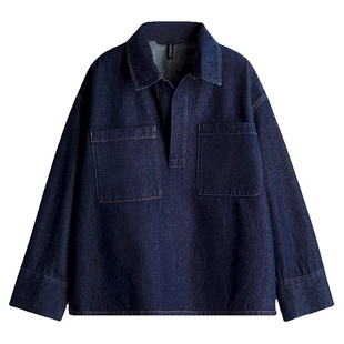 HM女装衬衫春季半开襟休闲宽松套头式长袖复古牛仔衬衫1268625