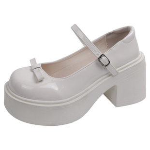 白色高跟玛丽珍小皮鞋女2025新款秋冬百搭配裙子粗跟厚底增高单鞋
