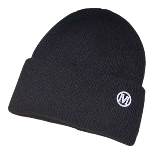 字母M标兔毛针织帽女秋冬保暖护耳男毛线帽百搭情侣冷帽防寒防冻