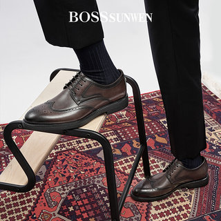 BOSSsunwen布洛克棕色英伦真皮男款商务正装冬季加绒男士西装皮鞋